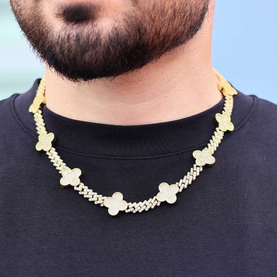 Clover Iced Prong Cuban Chain (Gold) - 8mm