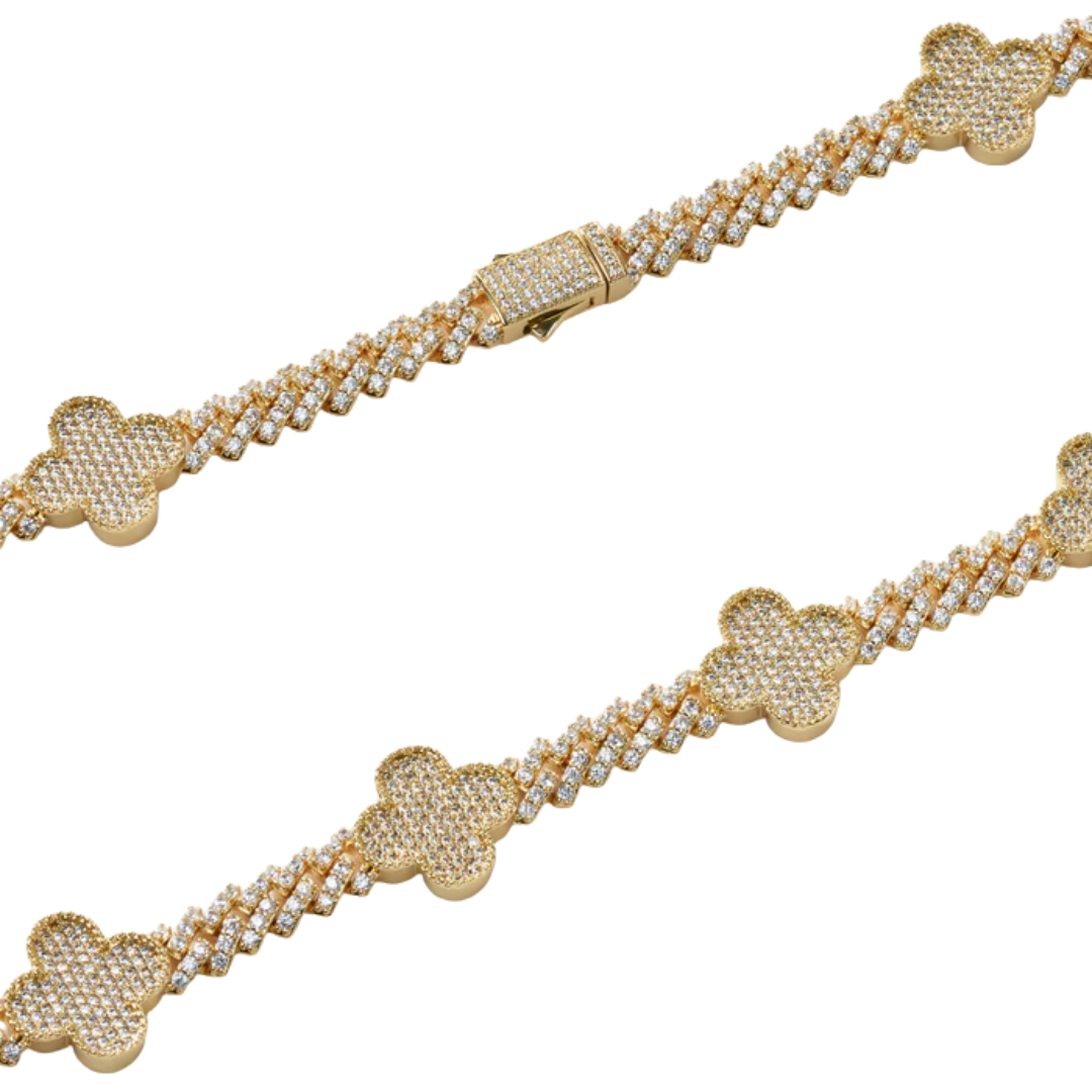 Clover Iced Prong Cuban Chain (Gold) - 8mm