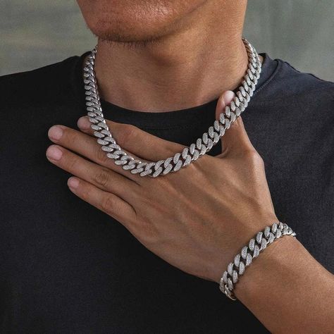18k Gold/Silver Cuban Link Chain Set – Iced Out Necklace & FREE Bracelet