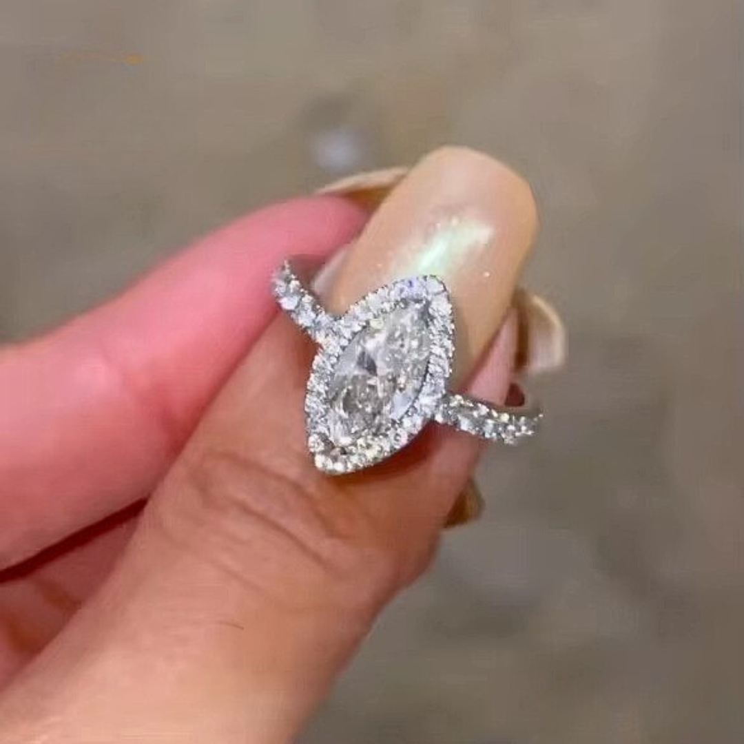 3 Karat 14 Karat massives Weißgold, Marquise-Schliff, Moissanit-Verlobungsring-Set