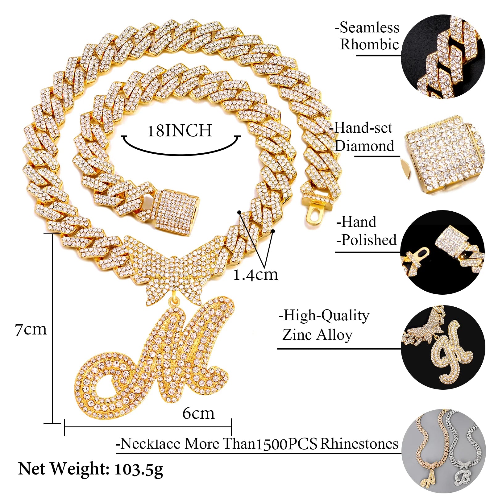 14 mm Halskette mit kubanischem Schmetterlingsanhänger und individuellem Anfangsbuchstaben