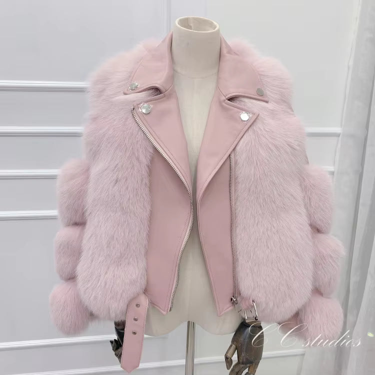 Amalia Women’s Real Fox Fur and Genuine Sheepskin Leather Winter Jacket