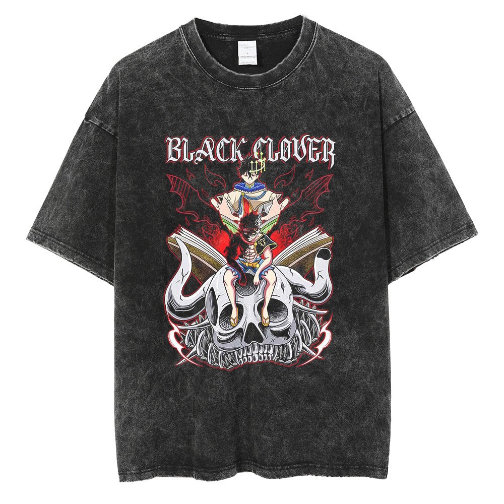 T-shirt vintage délavé avec imprimé anime Black Clover
