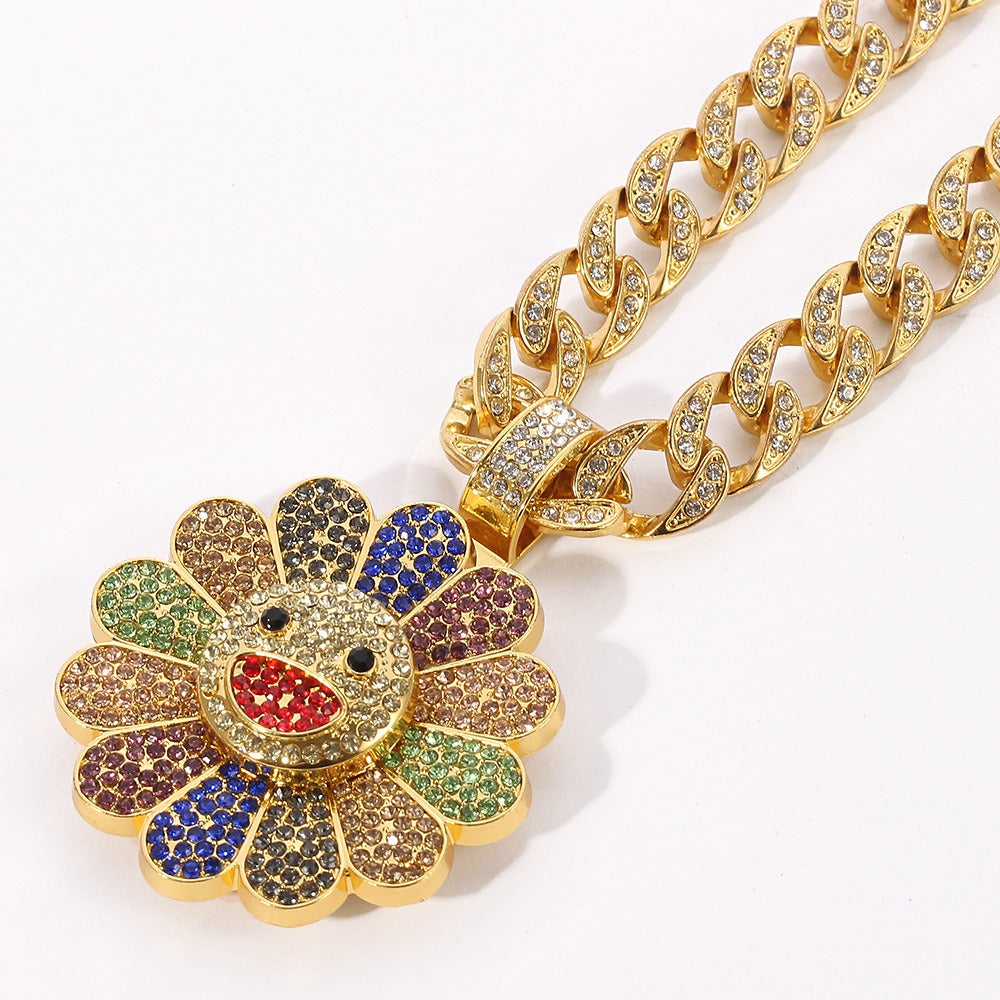 Murakami-inspirierte Sonnenblumen-Anhänger-Halskette Rapper-Kette
