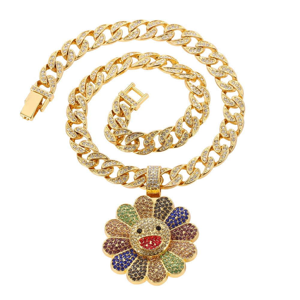 Murakami-inspirierte Sonnenblumen-Anhänger-Halskette Rapper-Kette