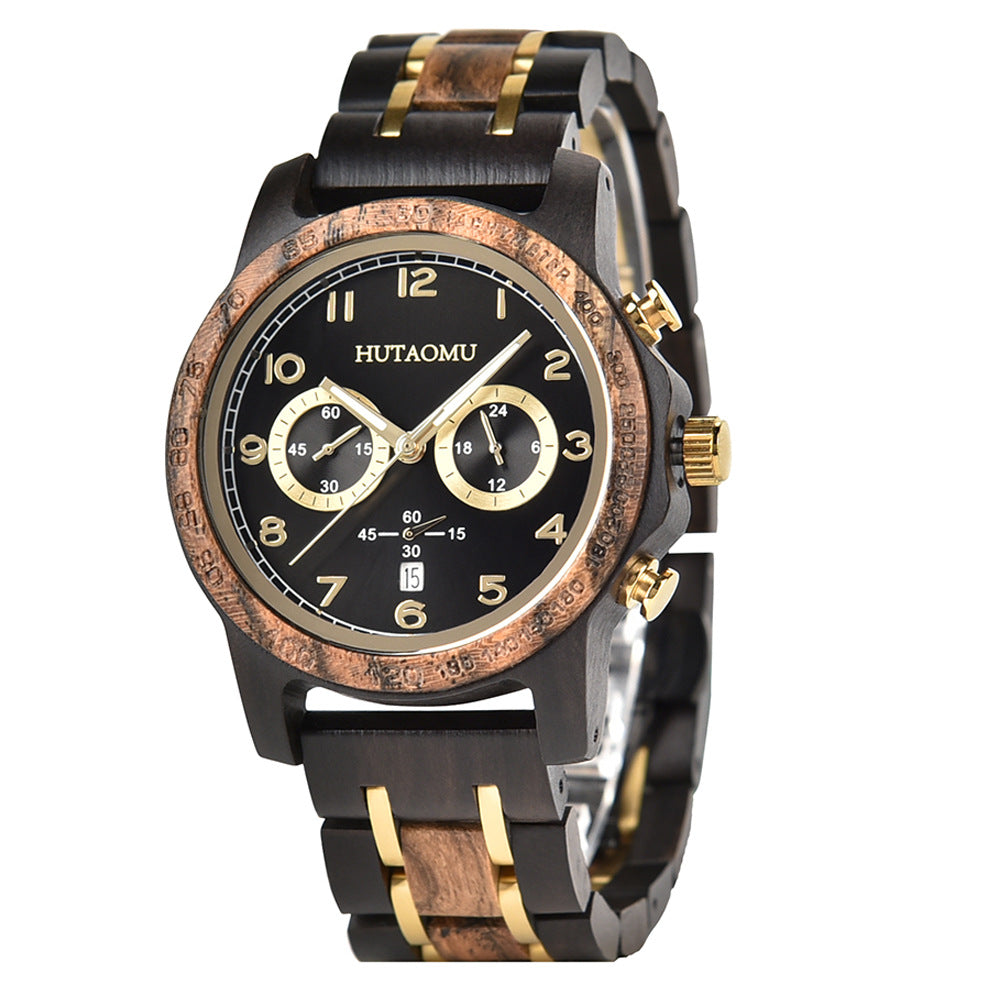 Montre homme vintage chronographe avec aiguilles lumineuses et calendrier, effet bois