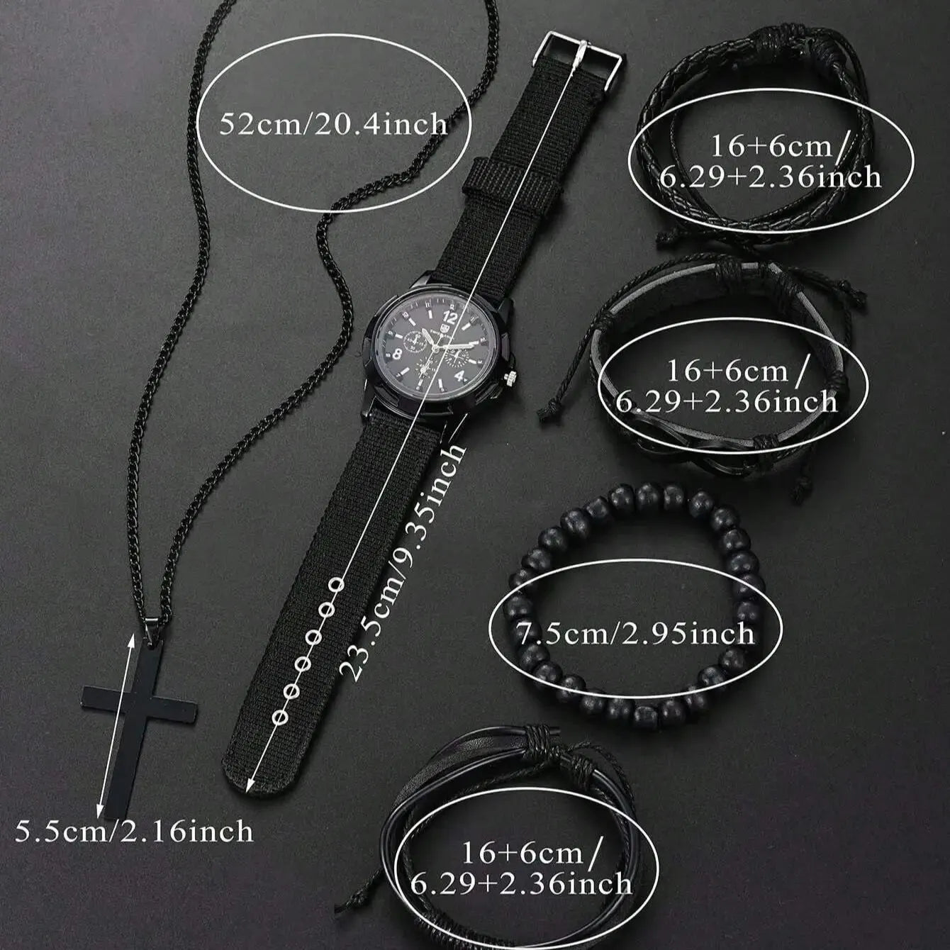 VVS Vanta Noir 6-Piece Men's Accessory Set – Leather Bracelet, Mechanical Watch & Cross Pendant Necklace Bundle