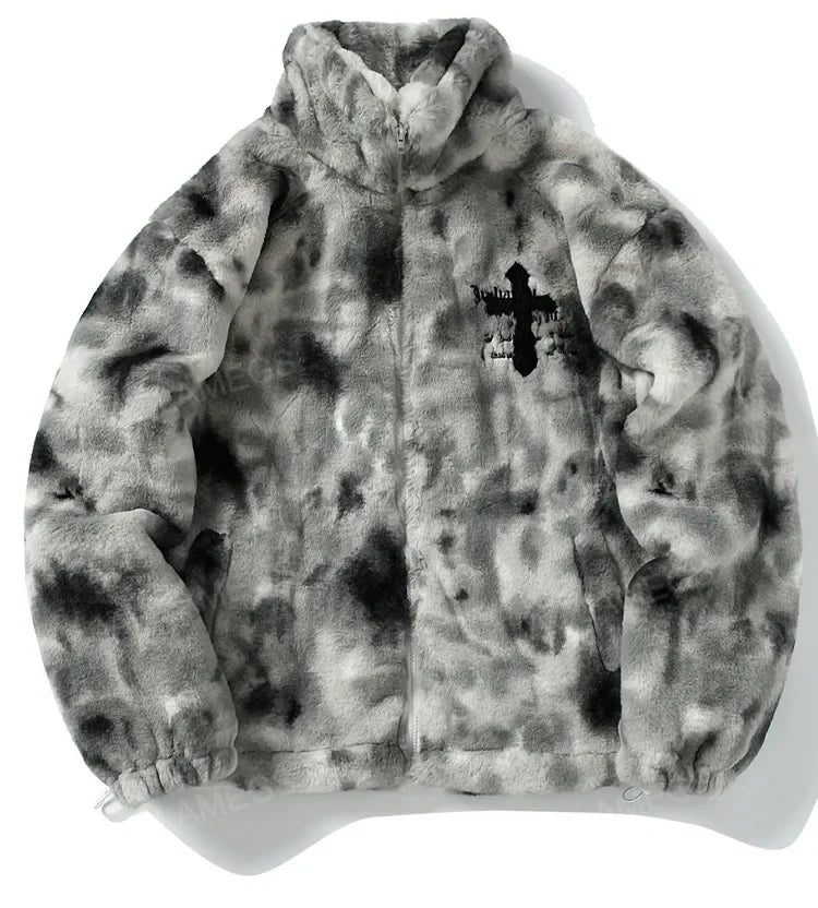 Jacke aus Kunstpelz mit Farbverlauf und Kreuzstickerei