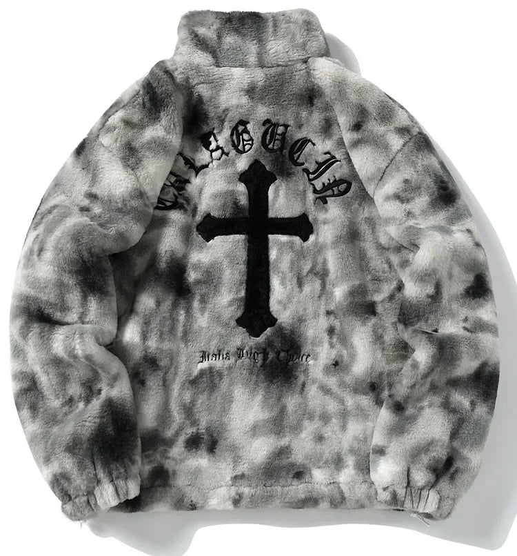 Jacke aus Kunstpelz mit Farbverlauf und Kreuzstickerei