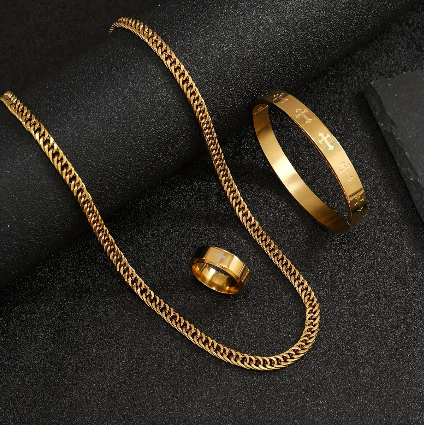 Grillz Boss Glory Gold Cuban Chain Cross Bangle and Cross Ring Bundle