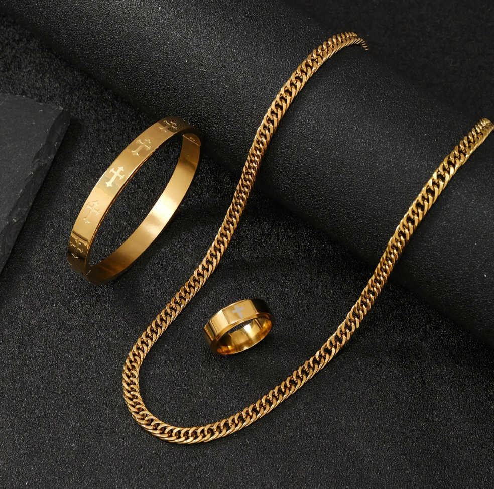 Grillz Boss Glory Gold Cuban Chain Cross Armreif und Kreuzring Bundle