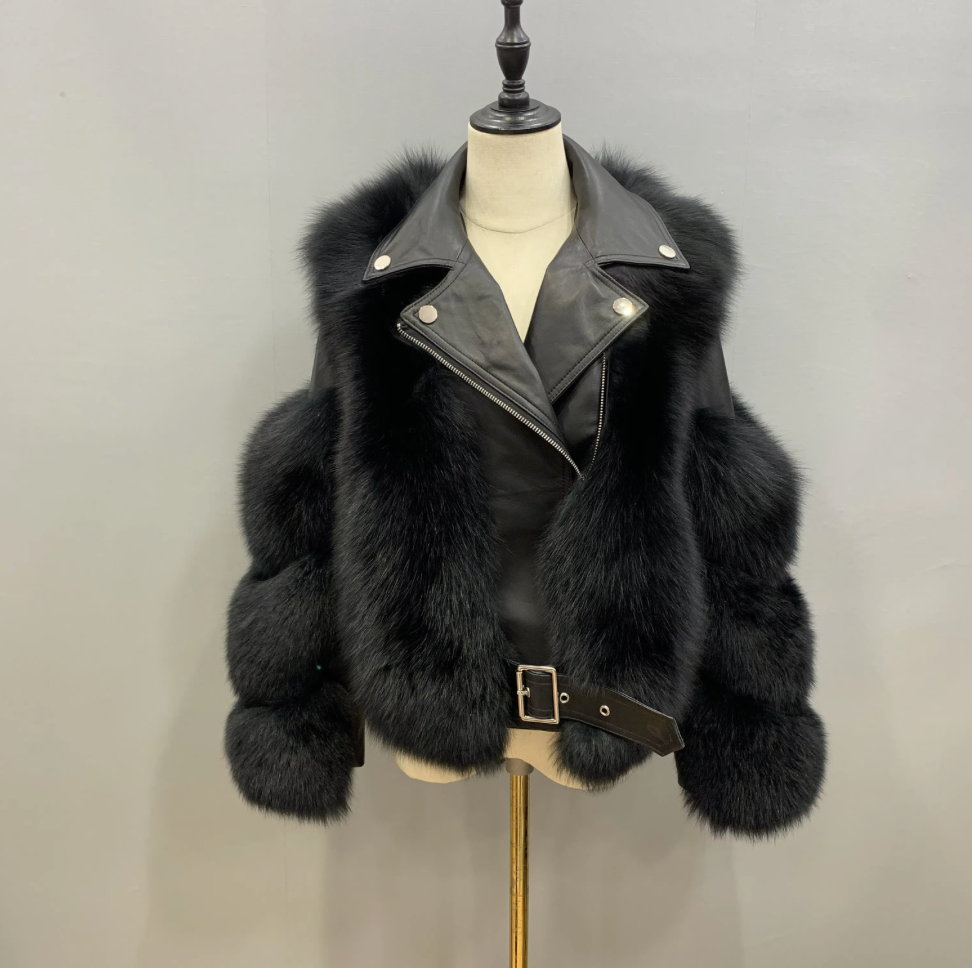 Amalia Women’s Real Fox Fur and Genuine Sheepskin Leather Winter Jacket