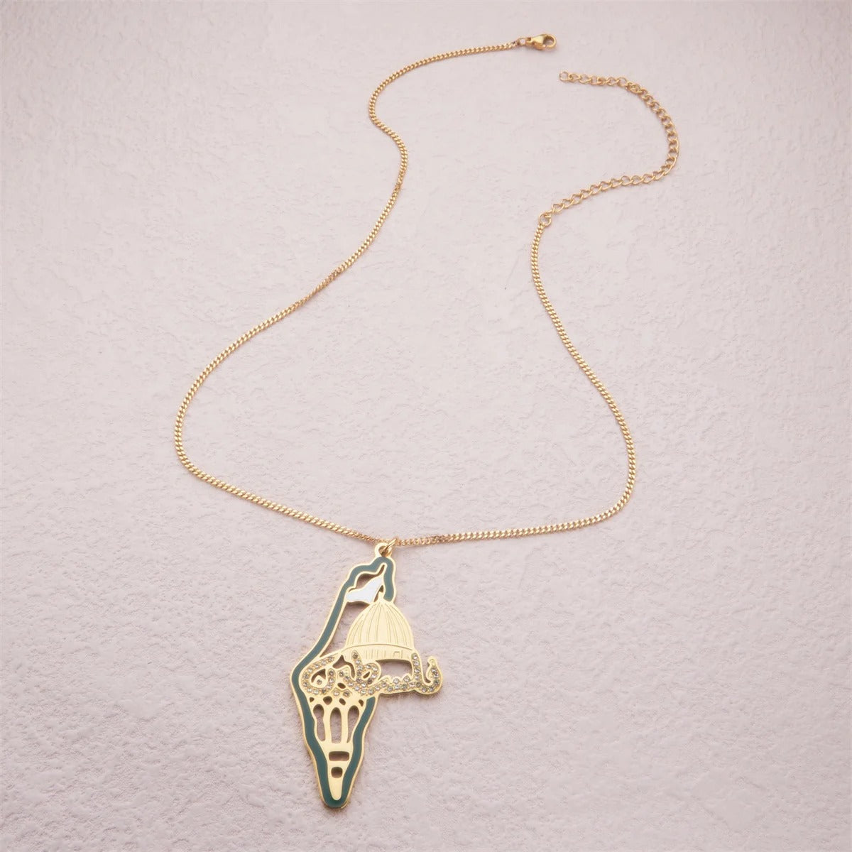 Halskette mit Anhänger aus Edelstahl mit Kuppelkarte von Palästina und Diamant-Akzenten