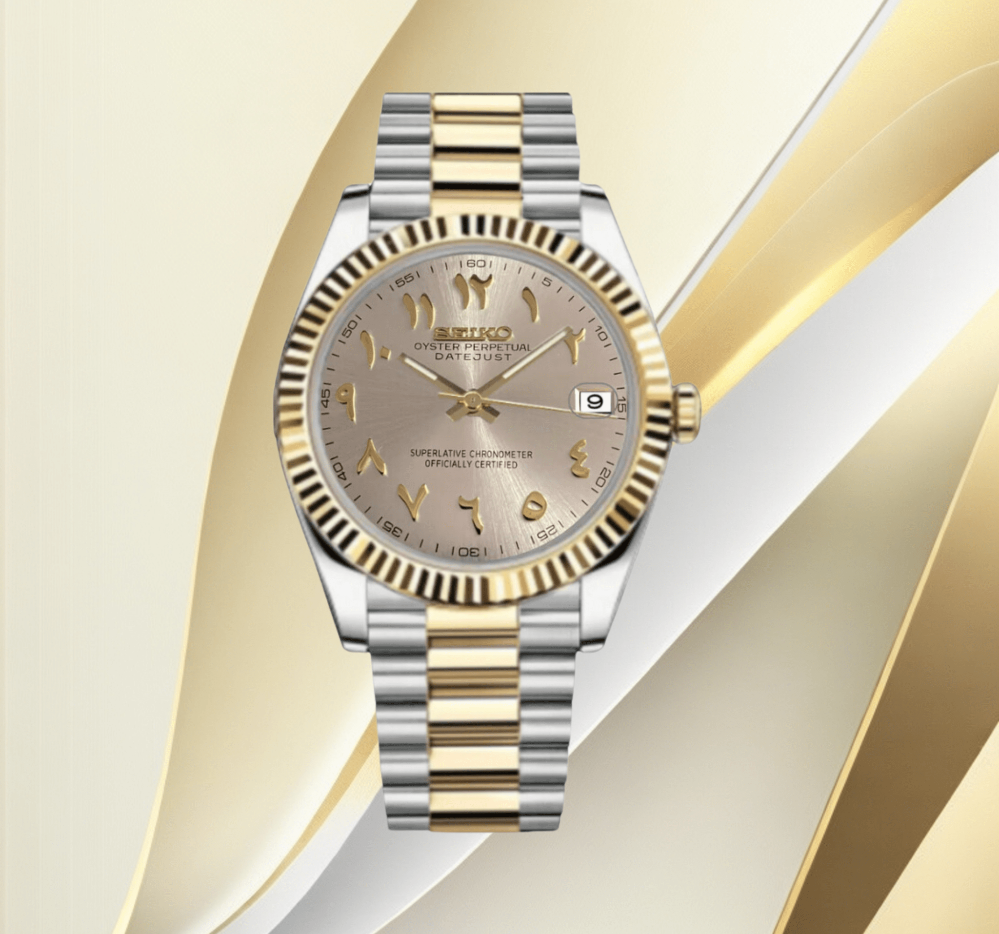 Seiko Mod Datejust Arabic Gold - Pearl White