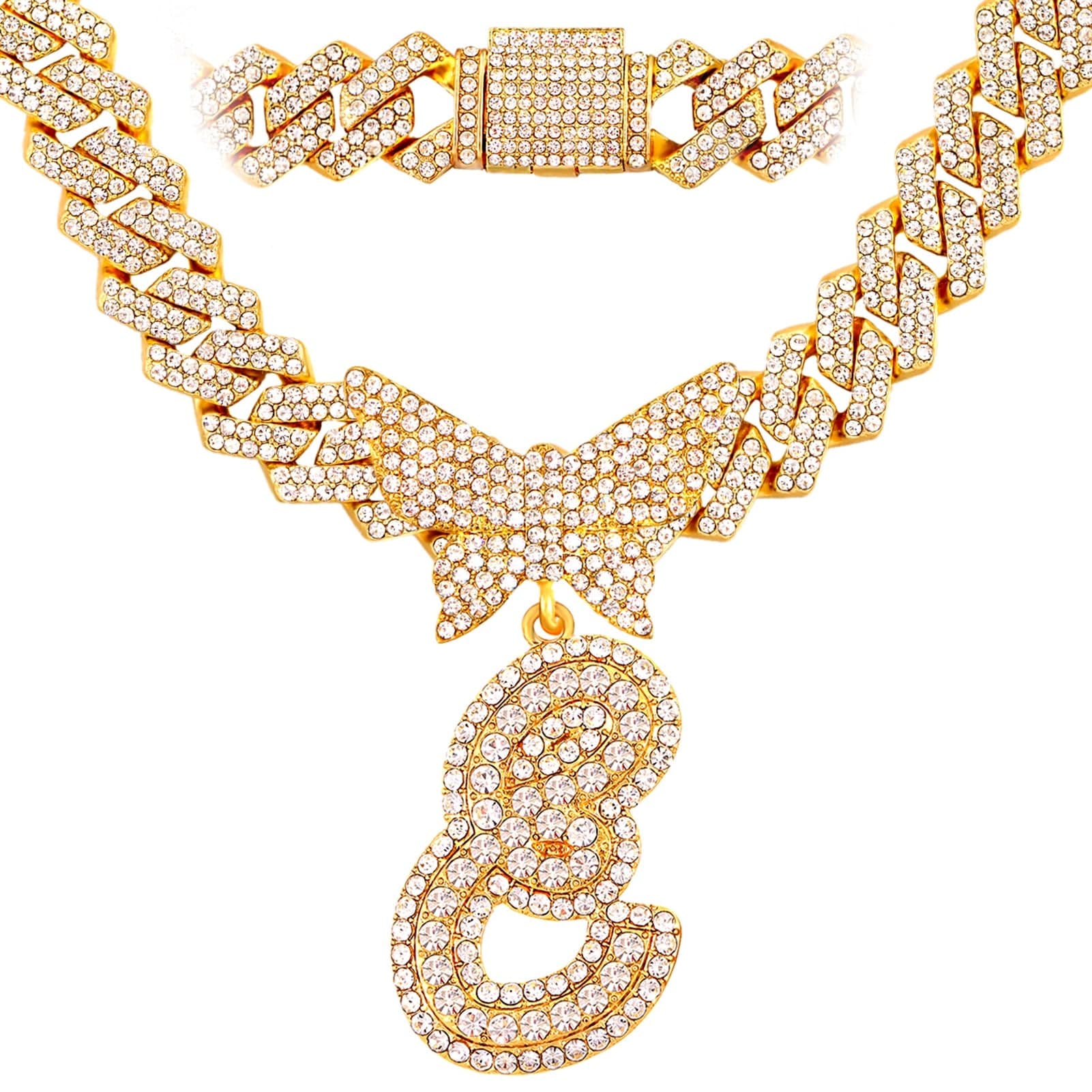 VVS Jewelry hip hop jewelry E / Gold Bling Butterfly Letter Cuban Link Chain