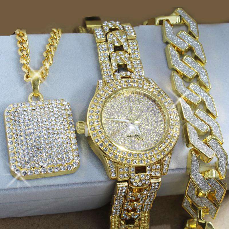 VVS Jewelry hip hop jewelry Swaggy Ice Out Watch + Necklace + Bracelet Bundle