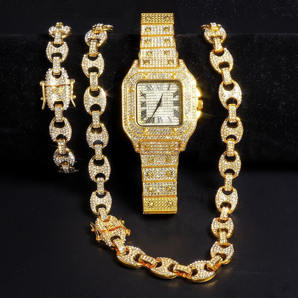 VVS Jewelry hip hop jewelry VVS Jewelry Coffee Bean Chain and Bracelet Bundle + FREE Square Roman Watch