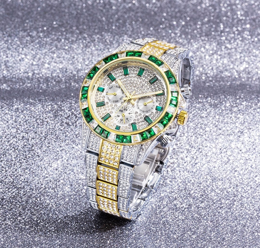 VVS Jewelry hip hop jewelry Watch VVS Jewelry Two-Tone Green Iced Out Watch