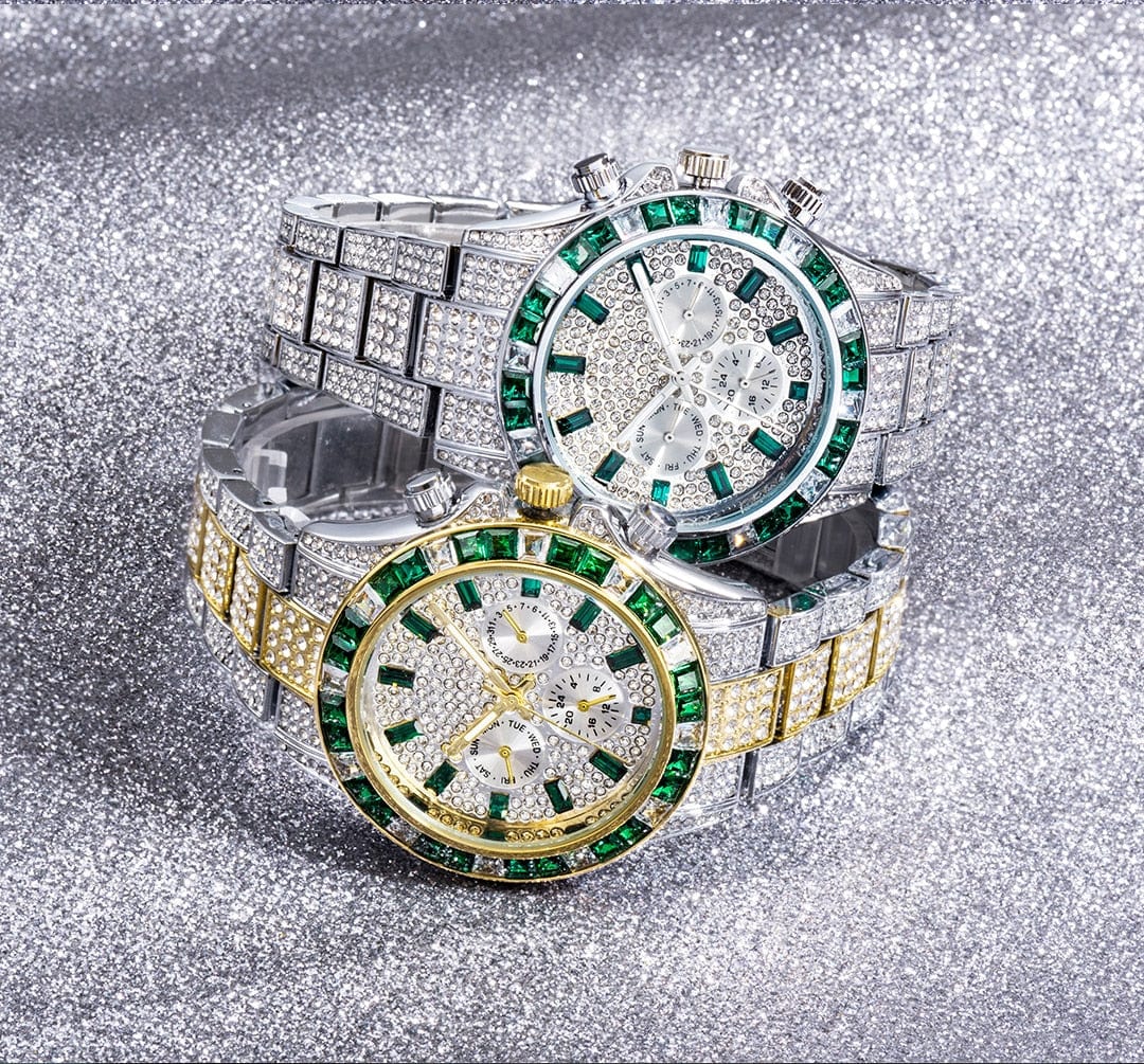 VVS Jewelry hip hop jewelry Watch VVS Jewelry Two-Tone Green Iced Out Watch