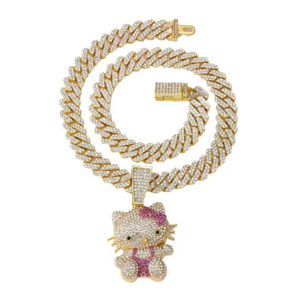 Diamond Hello Kitty Cuban Chain Pendant Necklace