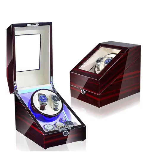 Luxury Walnut Wood 2+3 Watch Winder with Lock, LED Lights &  Extra Storage