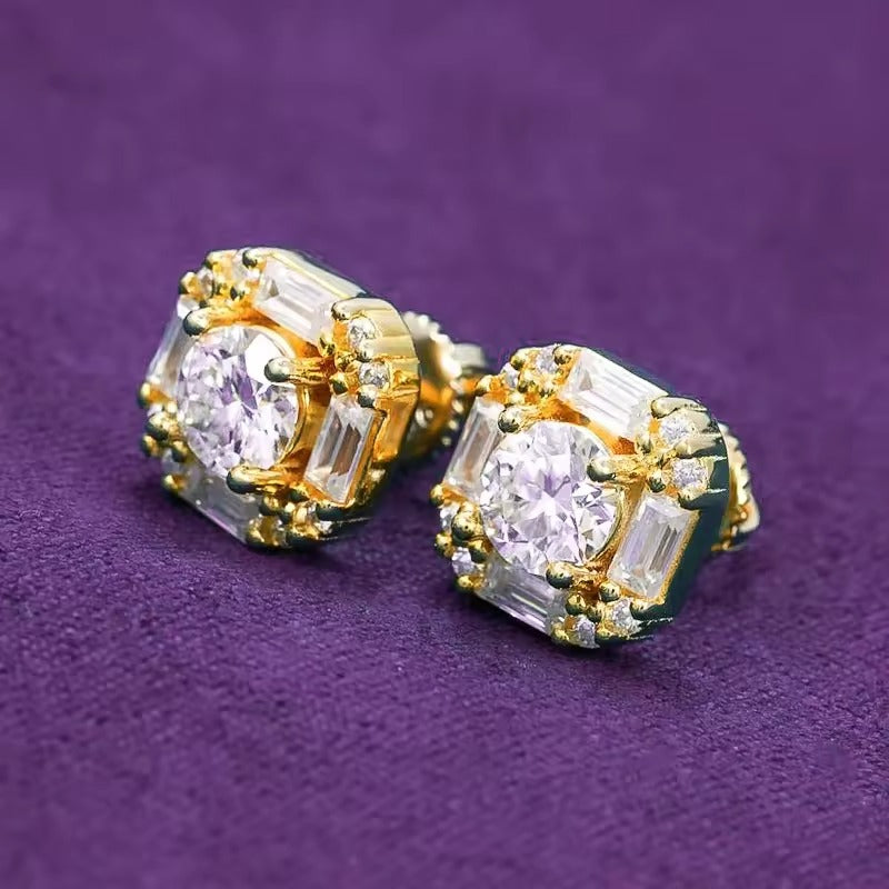 Baguette Halo VVS Moissanite Stud Earrings
