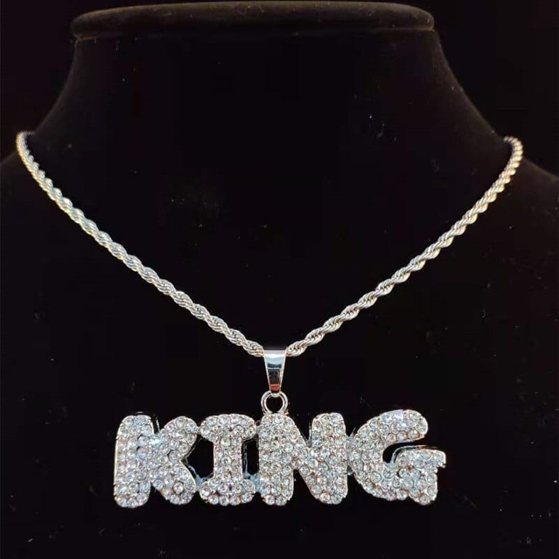 VVS Jewelry hip hop jewelry 0 Gold KING with Rope Chain / 16inch KING | QUEEN Iced Pendant Necklace