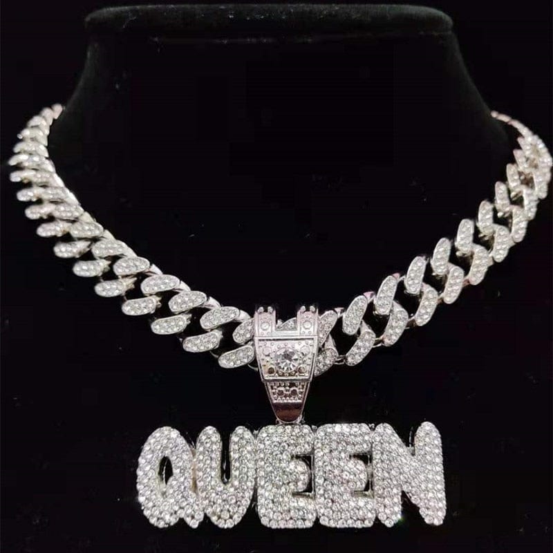 VVS Jewelry hip hop jewelry 0 Silver QUEEN with Rope Chain / 16inch KING | QUEEN Iced Pendant Necklace