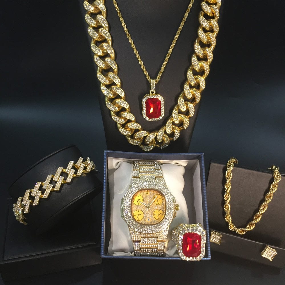 VVS Jewelry hip hop jewelry 20inch / 7 Rock on Ruby Necklace + Watch + Bracelet + Ring + Earrings Set