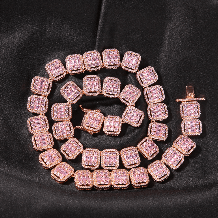 VVS Jewelry hip hop jewelry 24inch VVS Jewelry 13MM Pink Baguette Tennis Chain