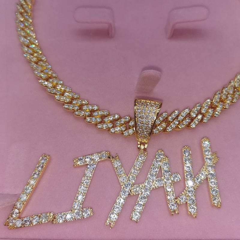 VVS Jewelry hip hop jewelry 2letters / 20INCH / GOLD VVS Jewelry 9MM Custom Cuban Name Sharp Cursive Pendant Necklace