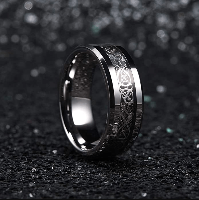 VVS Jewelry hip hop jewelry 8MM Black Tungsten Men's Wedding Band with Silver Celtic Dragon Inlay