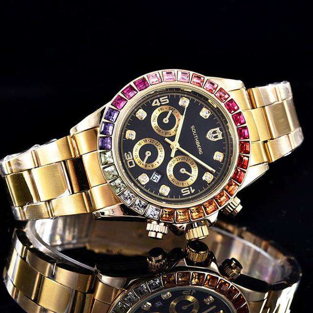 VVS Jewelry hip hop jewelry black Luxury Quartz Rollie Style Watch with Color Rhinestone