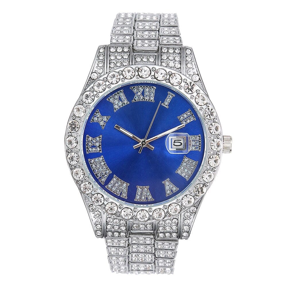 VVS Jewelry hip hop jewelry Blue Fully Iced Out Silver Colored Dial Men's Classic Watch