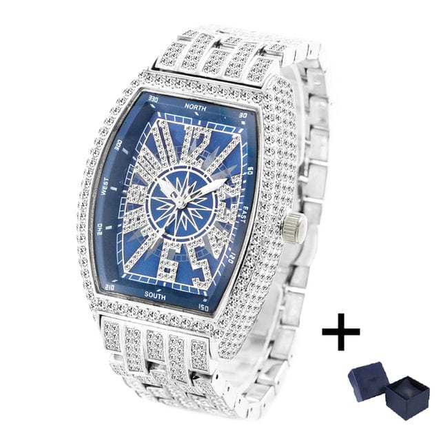 VVS Jewelry hip hop jewelry Blue-Silver Full Bling Iced AAA Reloj Watch