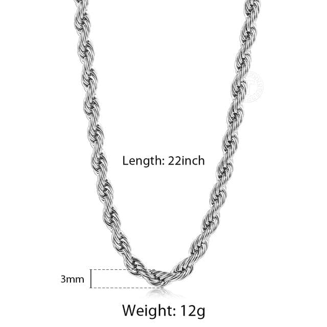VVS Jewelry hip hop jewelry chain 3mm Silver Stainless Steel Rope Chain