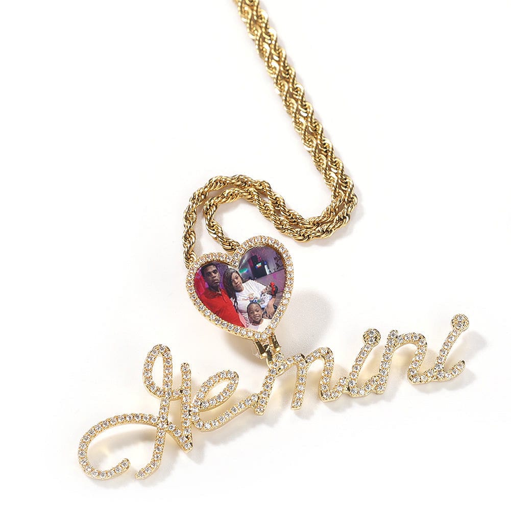 VVS Jewelry hip hop jewelry Custom Heart Photo Pendant with Cursive Letter Pendant Necklace