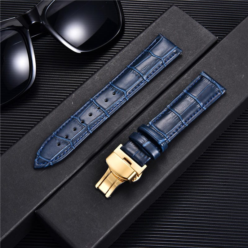 VVS Jewelry hip hop jewelry Dark blue-gold / 18mm Bamboo Pattern Leather Watch Strap