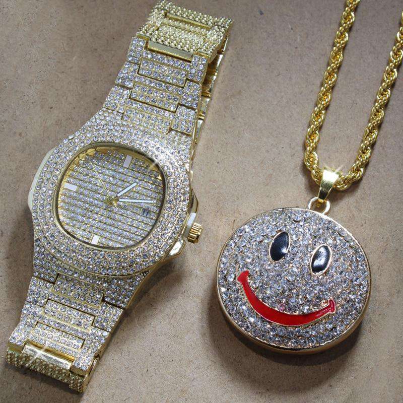 VVS Jewelry hip hop jewelry Everything Combo Set Iced Smiley Pendant + Watch Gift Set