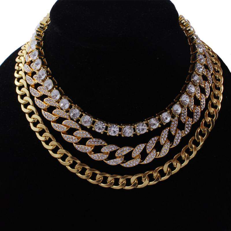 VVS Jewelry hip hop jewelry Gold Cuban + Tennis + Cuban Link Choker Set