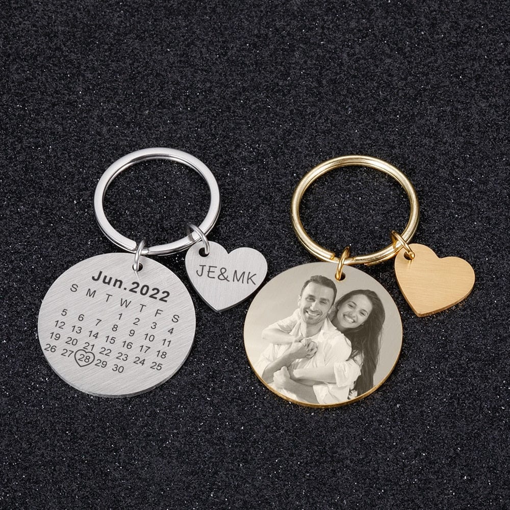 VVS Jewelry hip hop jewelry Gold Custom Name and Photo Couple Keychain with Calendar Date
