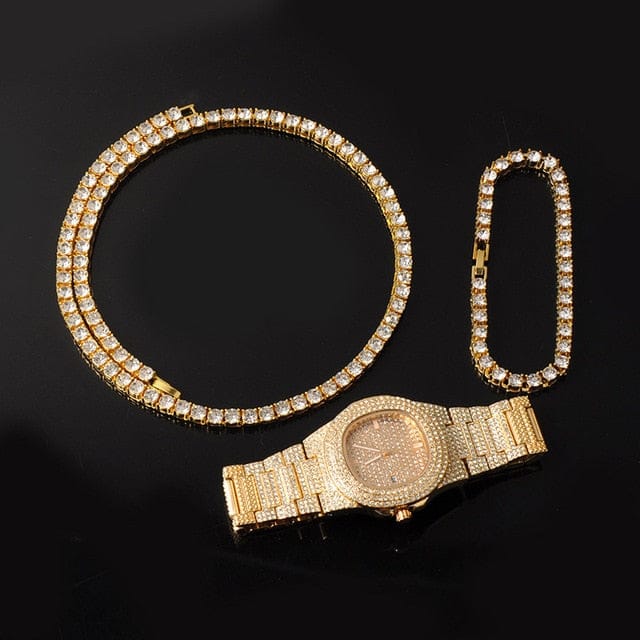VVS Jewelry hip hop jewelry Gold Gold/Silver 5mm Micro Pave Tennis Chain + Tennis Bracelet + FREE Watch Bundle