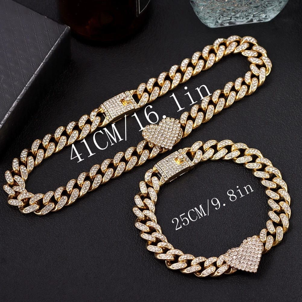 VVS Jewelry hip hop jewelry Gold Heart Miami Cuban Chain and Bracelet Bundle