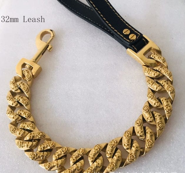 VVS Jewelry hip hop jewelry Gold Leash / 35.4" Thicc Skull Face Cuban Link Dog Leash