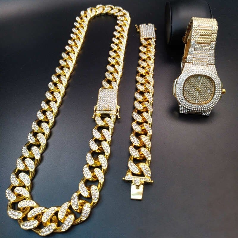 VVS Jewelry hip hop jewelry gold set / 18" VVS Jewelry Cuban Chain & Cuban Bracelet Bundle + Free OG Bust Down Watch
