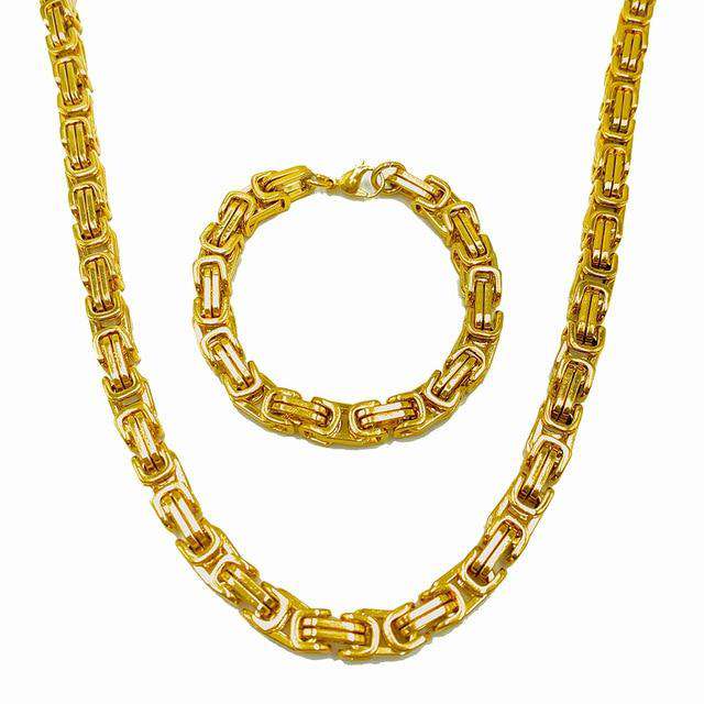 VVS Jewelry hip hop jewelry Gold Set / 8mm Byzantine Stainless Steel Chain & FREE Byzantine Bracelet