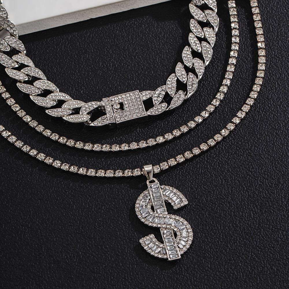 VVS Jewelry hip hop jewelry Gold/Silver Cuban Tennis Dollar Sign Choker Bundle