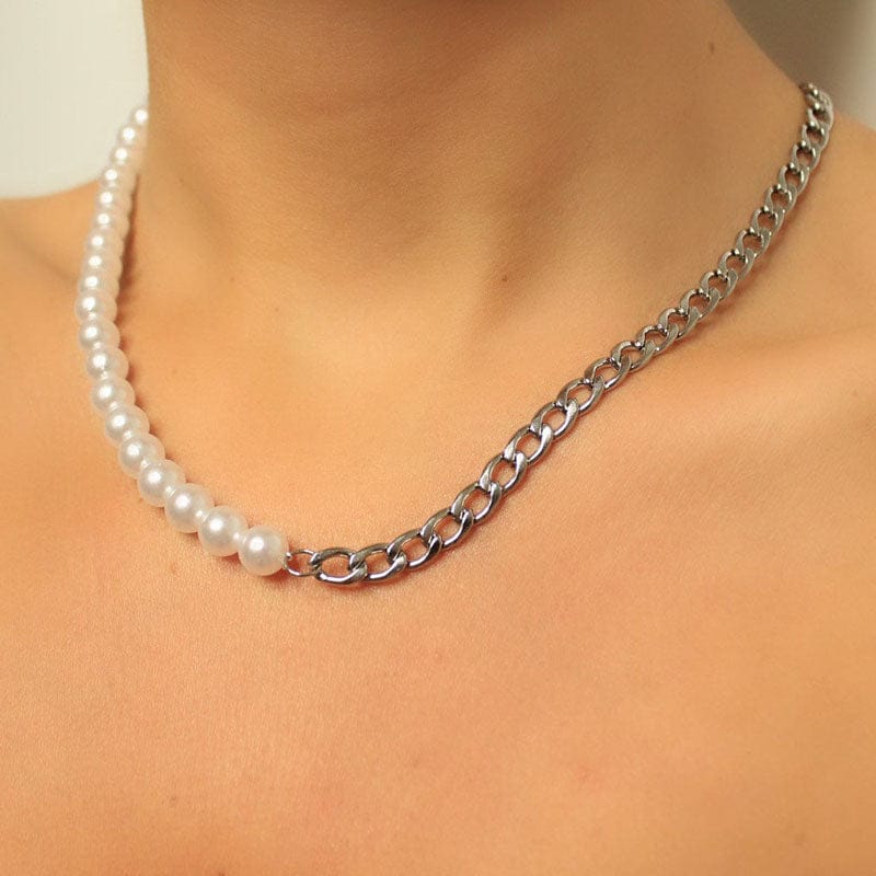 VVS Jewelry hip hop jewelry Half Pearl and Steel 10mm Miami Cuban Chain Necklace
