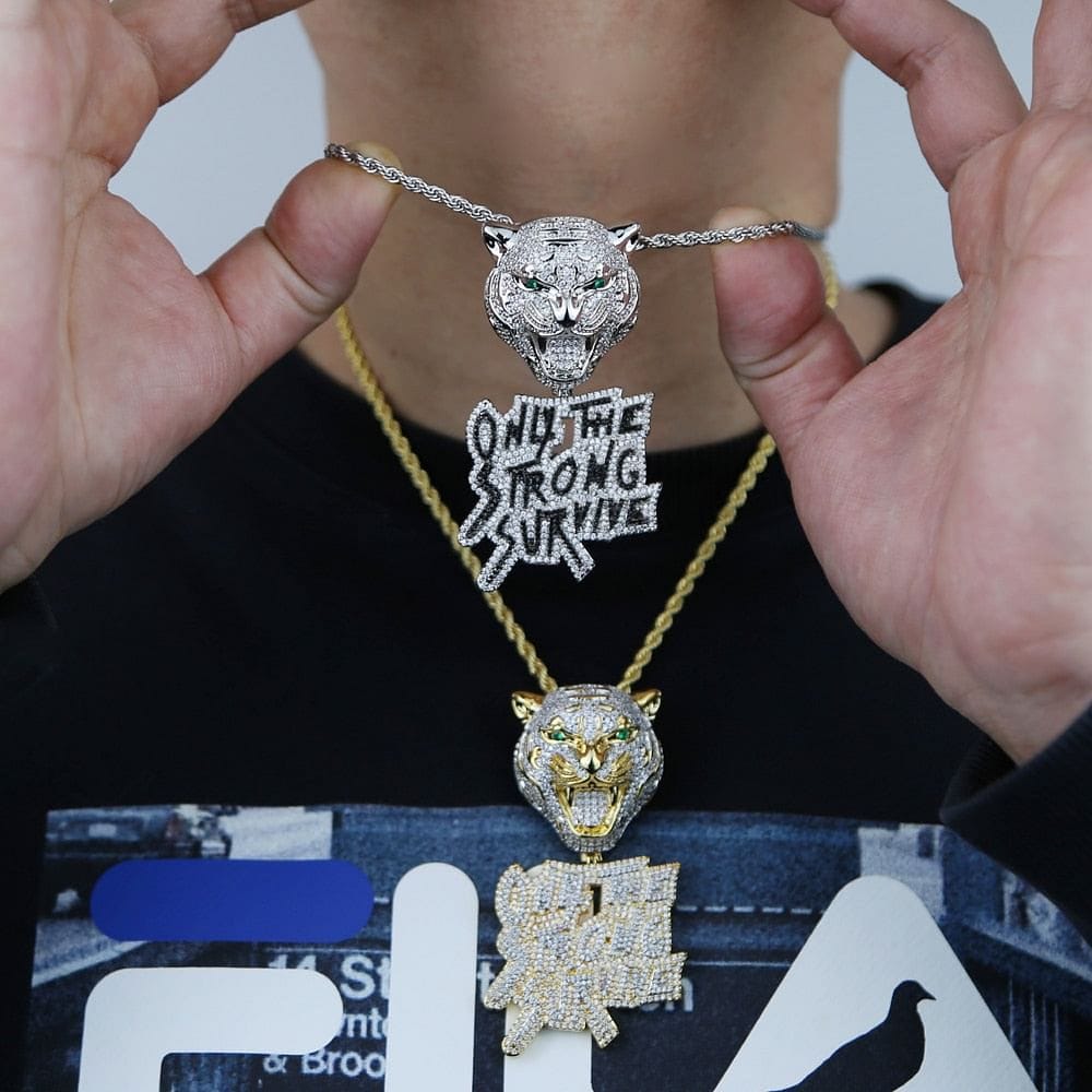 VVS Jewelry hip hop jewelry Iced Out Tiger "Only The Strong Survive" Pendant Chain