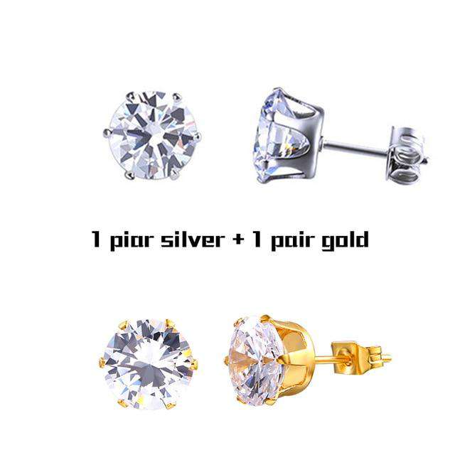 VVS Jewelry hip hop jewelry Pair Silver and Gold Small Iced Crystal Stainless Steel Stud Earrings